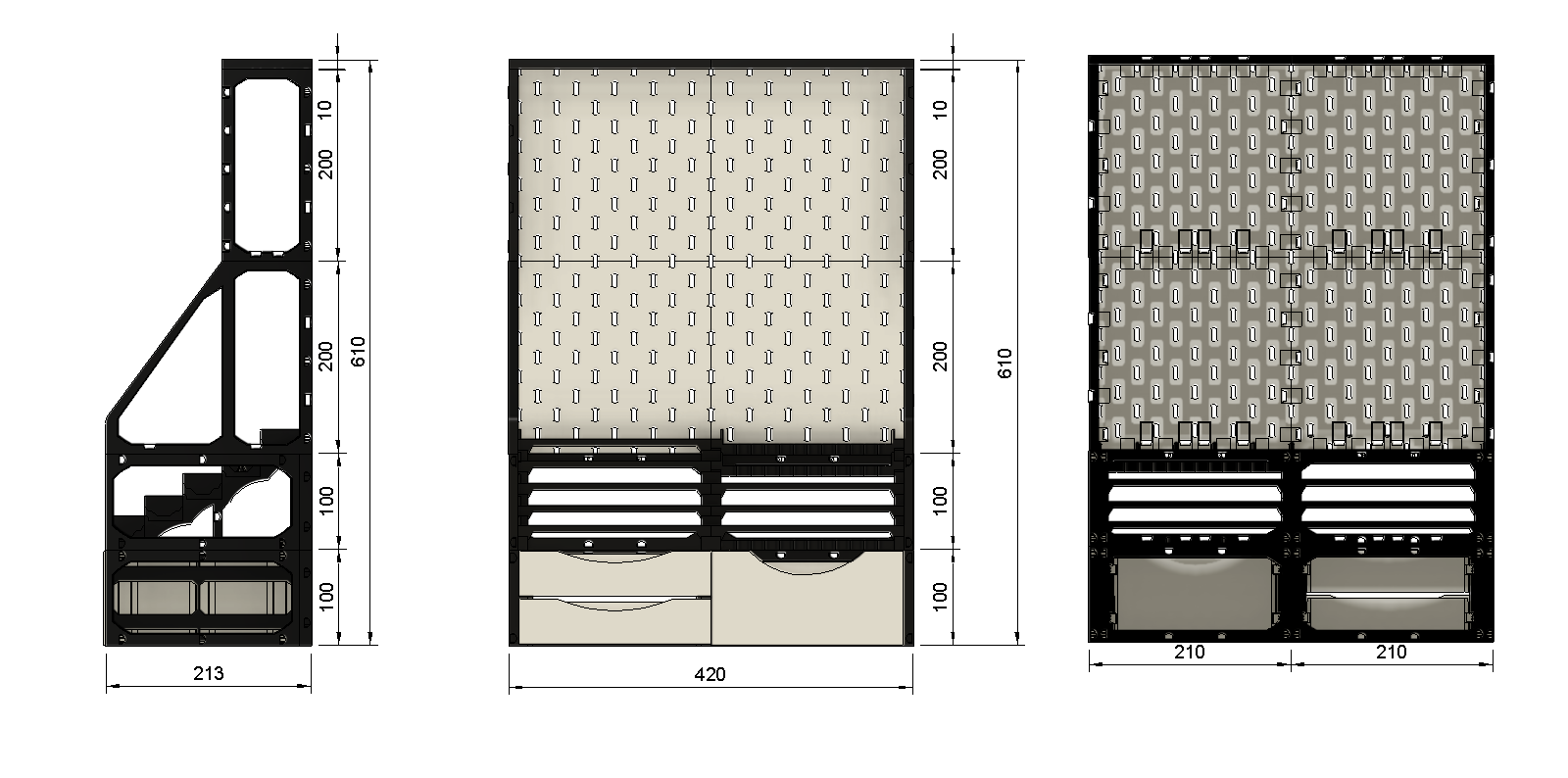 Master Painter Farbregal in der kleinsten Ausbaustufe: 420 mm breit, 215 mm hoch, 213 mm tief